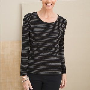 CHICOS Touch Of Cool Lurex Stripe Layering Tee in black, Like New